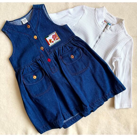 Vintage 90s Piano Kids Fashion Jumper Dress & Shirt Set Girls 6 Denim Floral - Picture 2 of 6